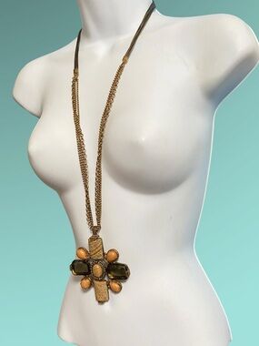 CHICO’S Chunky Jasper Stone & Glass Pendant Long Plus Size Necklace